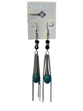 Faux Turquoise Tassel Earrings Silver Tone Dangle Chain Boho Bead Drop Earrings